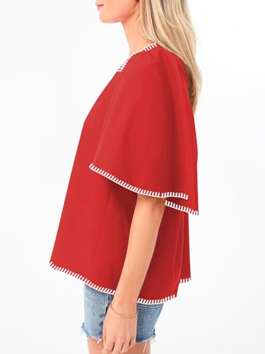 HOULENGS Women's Casual Ruffle Short Sleeve Tops 2025 Summer V Neck Pleated Blouses Loose Business Work Shirts2