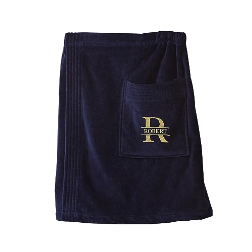 Personalization Universe Lavish Last Name Men's Embroidered Navy Velour Towel Wrap