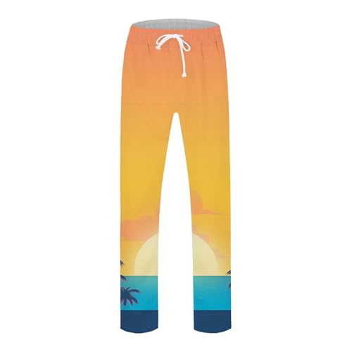 Generic Mens Linen Pants Beach Hawaii Print Casual Summer Casual Pants Elastic Waist Drawstring Baggy Trousers with Pockets, X-Large, #B5 Yellow3