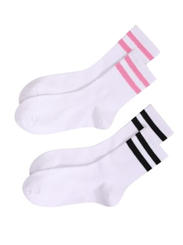 OYOANGLE Women's 2 Pairs Striped Trim Casual Crew Socks Simple Mid Calf Socks - Main Image