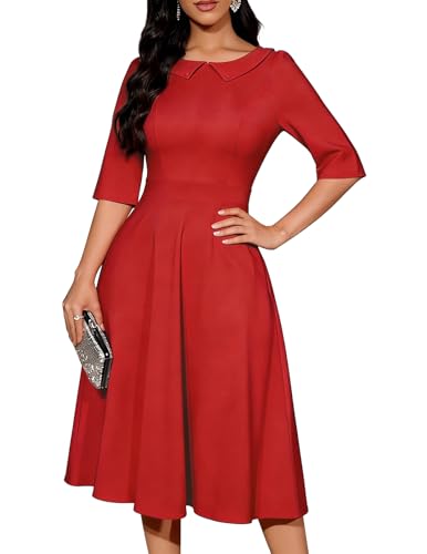 Bbonlinedress Rotes Kleid Damen Knielang festliches Winterkleid Kurzarm Vintage Retro Rockabilly Cocktailkleid Abendkleider elegant für Hochzeit Red...