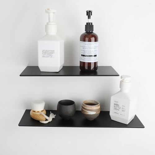 Womamny Estanteria Baño Pared, 2 Piezas Estante Ducha Sin Taladro 40 cm & 30 cm, Baldas Pared de Aluminio Resistente A La Oxidación para Salon Baño Cocina Estudio Dormitorio, Negro