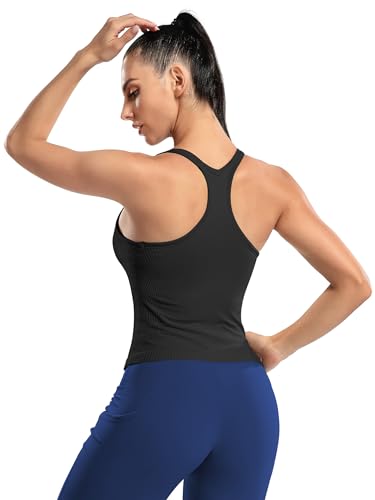 Image of ATTRACO Ribflex Ribbed Workout Crop Tops with Built in Bra for Women Yoga Racerback Tank Top Slim Fit
