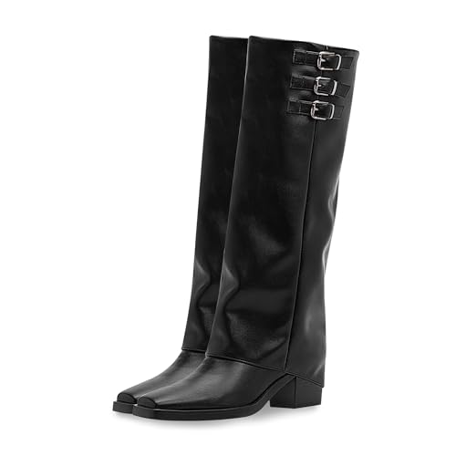 Women's Block High Heel Square Toe Buckle Strap Fold Over Knee High Boots3