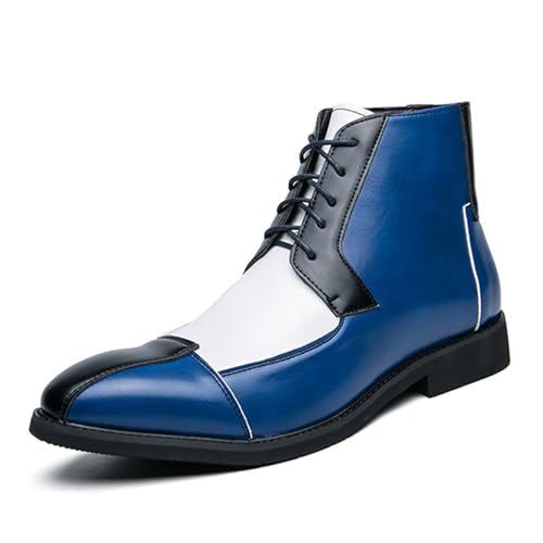 OXNEUHG Men's Leather Color-Block High-Top Oxford Boots Fashion British Style Pointed Toe Lace Up Ankle Boots Casual Formal Business Wedding Dress Shoes (Blue,5.5)