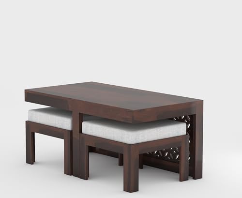 Image of ONIJA Modern Wooden Coffee Table with Carved Jali Design & Cushioned Stool | Center Table with Hidden Seating | Solid Wood Living Room Table (Walnut Finish)