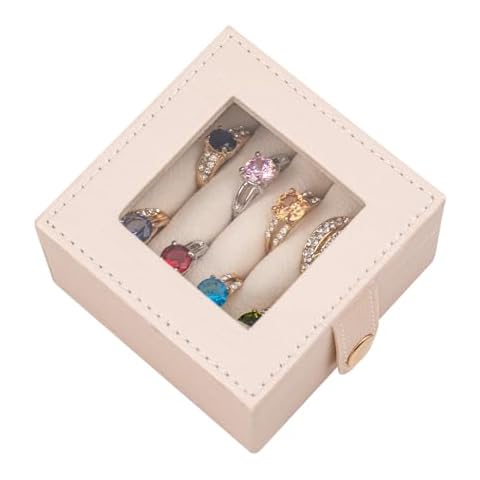 SANQIANWAN Small Leather Jewelry Box with Glass Top Mini Ring Display Case with 8 Slots for Selling Gift for Girls and Women (Pearl White) Cover
