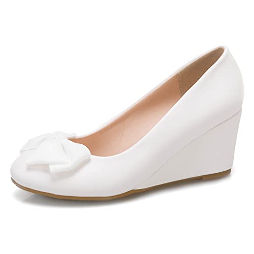 MIOKE Women's Round Toe Mid Wedge Heel Pumps Bow Slip-On Leather Comfortable Chunky Walking Dress Shoes