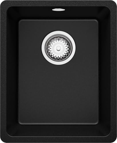 PRIMAGRAN Evier Sous Plan Noir 36x44cm, Evier en Granit 1 bac + Kit de Vidage, Évier al mueble 40cm - Venise Easy S001
