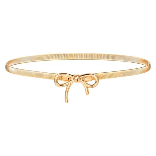 Skinny Gold Bow Belt, Stretchy Metal Chain Belt Adjustable Waist Belts for Women Girls Dresses Jeans Formal Casual Attire