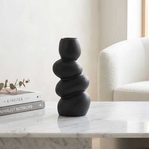 Image of Ceramic Stone Vase for Home Decor Ceramic Vase for Pampas Grass, Abstract Bubble Stacked Pebble Design, Minimalist Ceramic Vases for Flowers (Black Pebble)