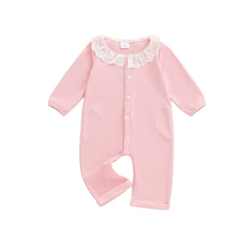 Newborn Infant Baby Girl One-Piece Baby Girls Fall Romper Lace Ruffled Long Sleeve Button Down Waffled Jumpsuit