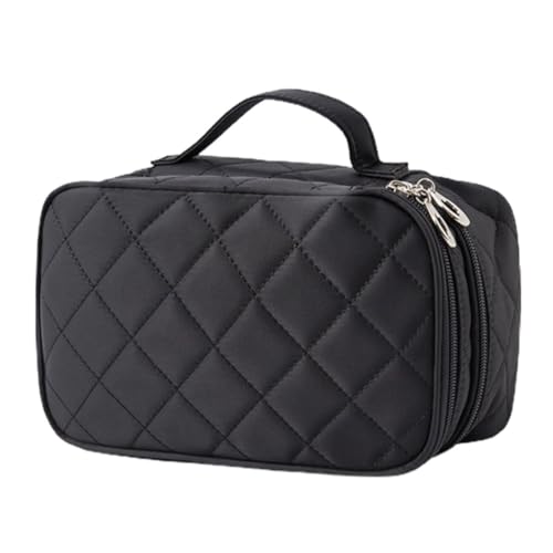 Image of YARNOW Double-Layer Travel Makeup Bag with Mini Mirror, Water-Resistant Nylon Toiletry Bag for Women and Men, Upright Standing Design, for Short Trip Cosmetics Storage and Organiser