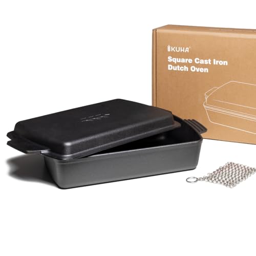 Kuha 13x9 Cast Iron Casserole & Griddle Lid Set – Pre-Seasoned Rectangular Dutch Oven Baking Pan, 6 QT, Oven/Grill/BBQ Safe, Comes with Stainless-Steel Chainmail Scrubber