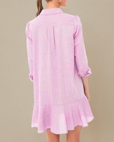 Image of YEXPINE Women's Tunic Mini Shirt Dress Cotton Linen Long Sleeve Button Up Ruffle Hem Loose Casual Summer Pockets Shift Dress