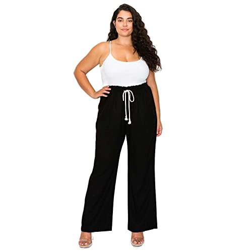 Cali1850 Women's Casual Linen Pants - 32" Inseam Oceanside Drawstring Smocked Waist Lounge Beach Trousers with Pockets, Black, 2X