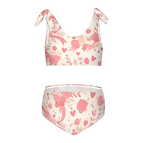 Pink Pattern with Ribbons Kisses and Flowers Girls' 2 Piecing Bikini Set Beach Bathing Suit Swimwear Adjustable Shoulder