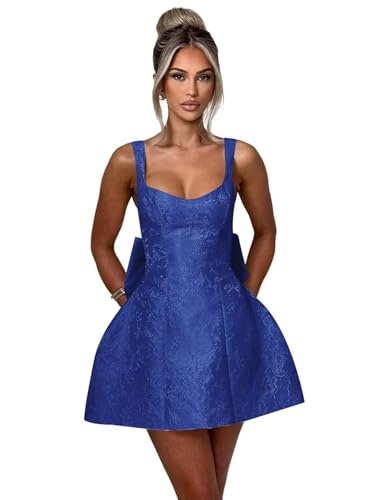 Image of Plus Size Short Royal Blue Homecoming Dresses with Bow Satin Mini Backless A Line Lace Up V Neck Prom Party Cocktail Gown for Teens 2025 US22W