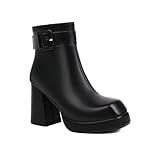 GHSIRUEU Botines para Mujer Moda Botas De Punta Cuadrada Tacón Grueso Antideslizante Botas Cortas Al Tobillo con Hebilla,Negro,36 EU