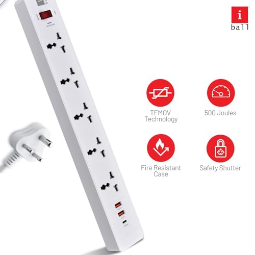 Image of iBall GUARD-5QC 5-Socket Surge Protector with PD20W+2 USB Port for Charging, TF MOV+500 Joules, Auto-Reset Switch, 2M ISI Certified Cable, 100% Copper Conductor, 2500W Load Capacity, 3 Years Warranty