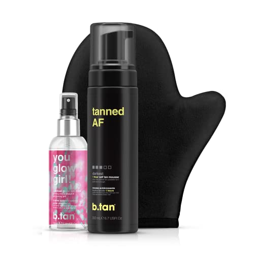 b.tan + Glow Self Tanner Bundle | Tanned AF Self Tan Mousse for Fastest, Darkest Tan with You Glow Girl Face + Body Gradual Self Tan Mist Plus Self Tanning Mitt | Get Tanned AF From Head to Toe & Save