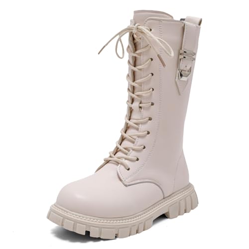 Girls Lace Up Chunky Heel Combat Boots With Side Zipper Comfort Round Toe Lug Sole Non Slip Fashion Riding Boots School Everyday Knee-High Boots