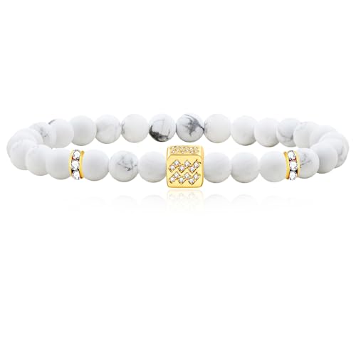Image of Inlaid Zircon 12 Constellation Adjustable Stretch Bracelet - 6mm Frosted White Turquoise Beaded Bracelets for Women Men SJYA4647