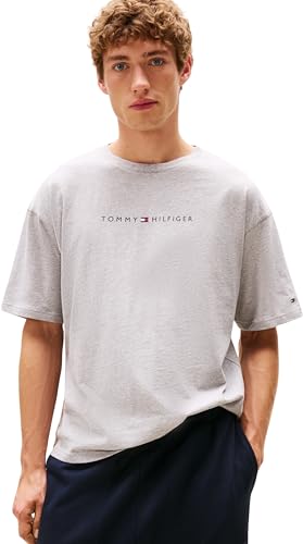 Tommy Hilfiger Uomo T-Shirt Maniche Corte Logo con Scollo Rotondo, Grigio (Light Grey Heather), XS