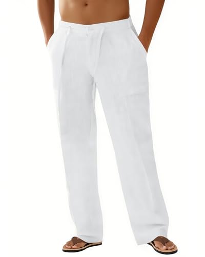 Men's Linen Pants Elastic Waist Drawstring Lightweight Casual Cotton Yoga Pants Loose Fit Summer Beach Long Trousers3