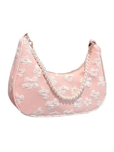 SweatyRocks Women's Pearls Chain Top Handle Shoulder Bags PU Leather Zipper Hobo Bags Clutch Purses2