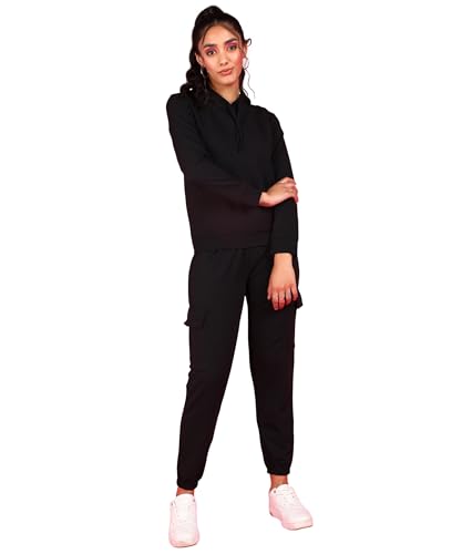Image of POPWINGS Casual Self Design Solid Sweatshirt and Joggers Co-Ords Set for Women | Trendy Stylish Top and Bottom Set for Women | Women Hooded Sweatshirt and Joggers Set | Women Co Ords Set Summer Wear