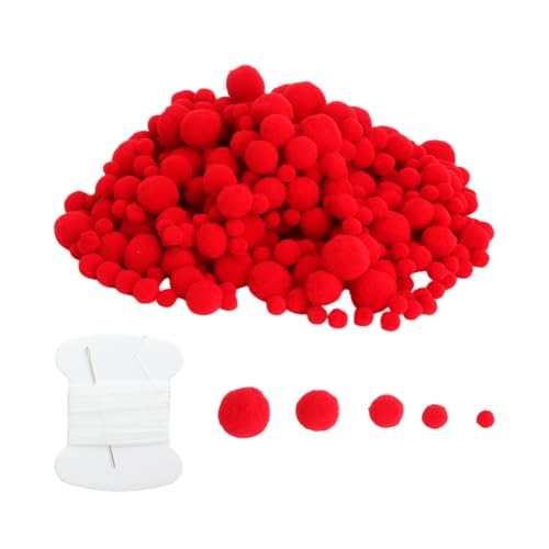 KQDRAVINE 500 Piezas Pompones Rojos para Manualidades, Pompones Rojos Grandes y Pequeños en 5 Tamaños 10–30 mm con Aguja e Hilo, Decoración DIY para Guirnaldas, Fiestas y Regalos