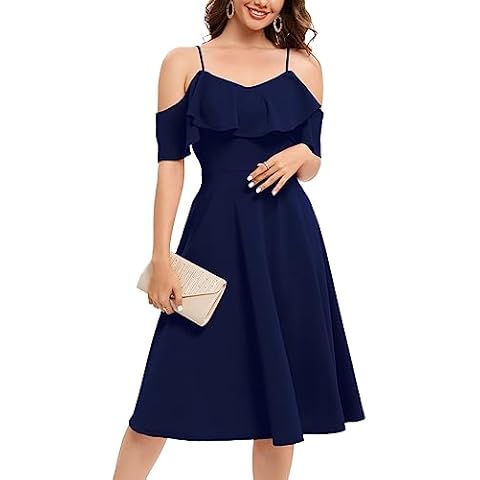 Bbonlinedress Women Wedding Guest Vintage Cocktail Dress Off Shoulder Semi Formal Bridesmaid Prom Fit Flare Dress Navy L Cover