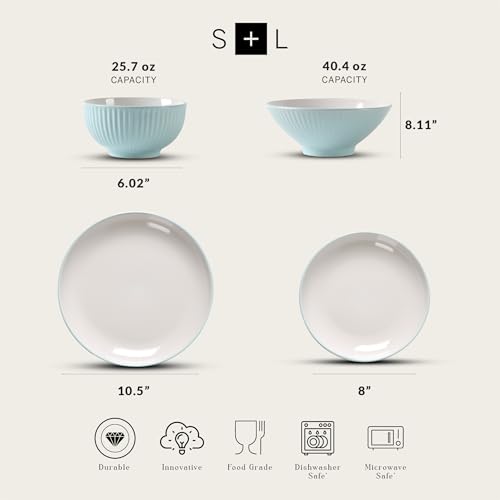 Image of Christian Siriano Lustra Modern 16-Piece Stoneware Dinnerware Set, Plates and Bowls Set, Dinner and Salad Plates, Ramen Bowls, Dishes for 4, Teal