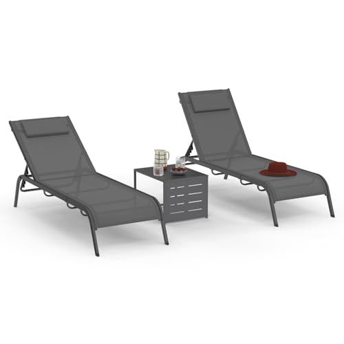 IDMarket - Lot de 2 transats de Jardin inclinables Bora avec Table d'appoint modulable en Acier Gris Anthracite et Toile Grise