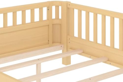 Harper & Bright Designs Twin Size Kids Bed with Detachable Fence and Guardrails, Wooden Twin Platform Bed Frame, Low Profile & Rounded Corners Design for Boys & Girls, Natural