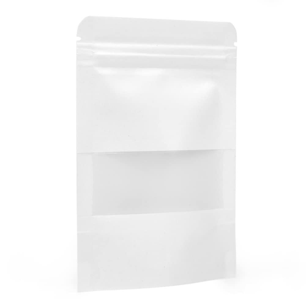 Evergreen Goods 50pcs 90x14cm Reusable Self-Standing Product Packaging Bags with Window, White kraft paper pouch bag with Zip Lock/Heat Resealable for Tea, Coffee Beans, Nuts, Seeds, Dried Fruits