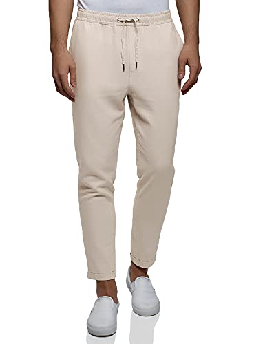 oodji Ultra Homme Pantalon en Lin à Cordon Coulissant, Beige, 36 Cover