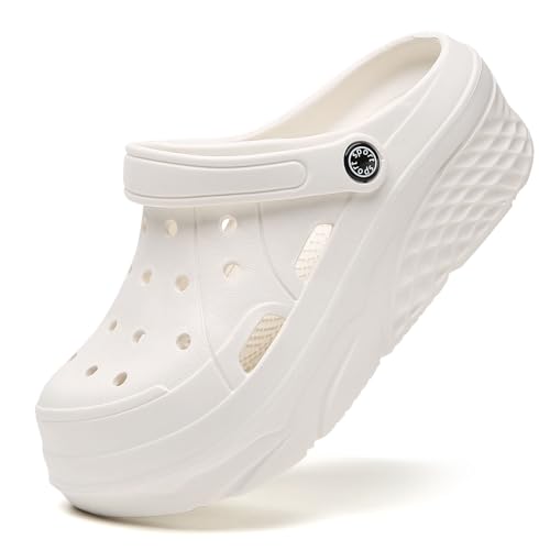 Women's Platform Clogs 2.36 in Hight Heels Mules Clogs Thick Sole Slides Slip On Platform Sandals White 38