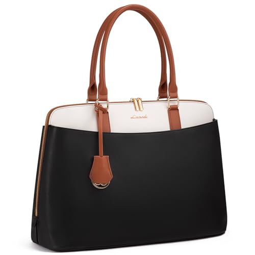 LOVEVOOK Laptop Bag for Women, 15.6 Inch Work Tote Bag, Large Purse Professional Computer Bag, Stylish Business Office Briefcase,Black-White-Brown