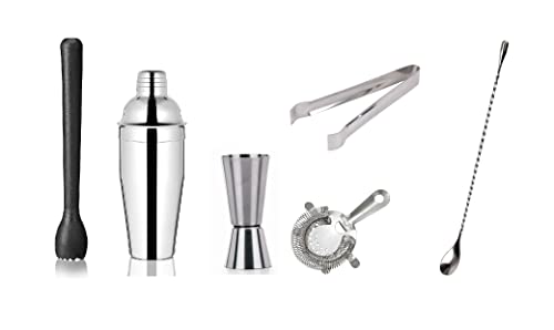 Image of Dynore Stainless Steel 6 Pcs Bartender Martini Kit Bar Set - Teardrop Bar Spoon, Cocktail Shaker 500 ml, Tall peg Measure 30 /60 ml, Black PVC Muddler, Ice Tong, Cocktail Strainer- Set of 6