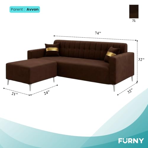 Image of FURNY Regan 4 Seater L Shape Sofa Set with Movable Ottoman | Flexible Left or Right Layout | Plush Velvet Fabric (Dark Brown) | Perfect for Living Room, Guest Room & Office