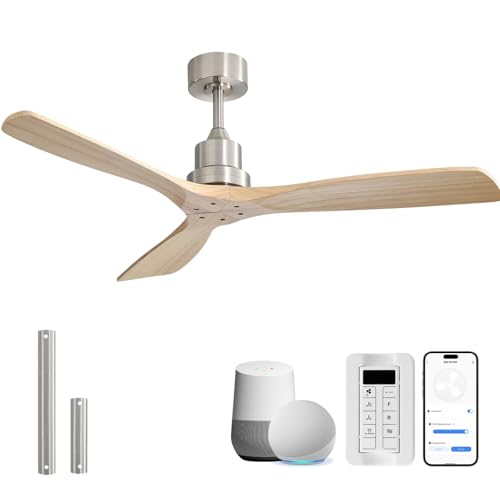 Image of Sofucor 52 Inch Smart Wood Ceiling Fan No Light, Alexa /App /Remote Control | Without Light, Modern, 3 Blade, Quiet Reversible DC Motor, 6 Speeds, Indoor /Outdoor /Bedroom /Living Room /Patio, Natural Wood