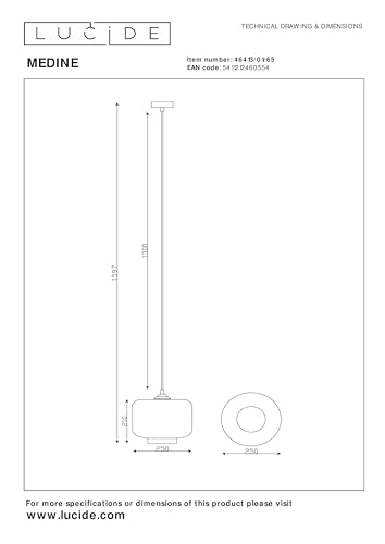 Lucide Lampada A Sospensione Medine, Grigio Fumo, Ø 25 Cm, Vetro, A 1 Luce - 8