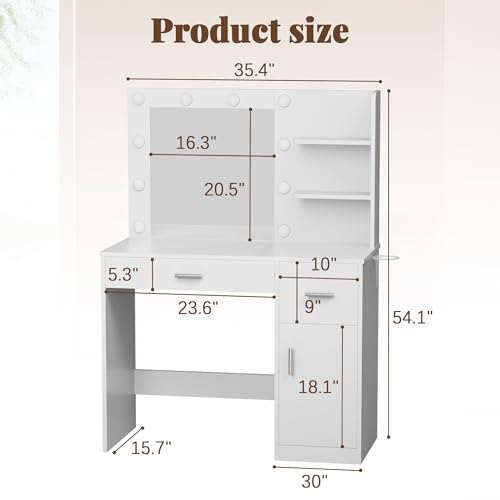 Image of YESHOMY 35.4 inch Vanity Desk with Mirror & Lights, Power Outlet,Fresh White
