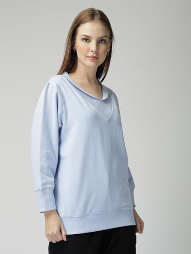 Image of Women's Boyfriend /Loose Fit Full Sleeve Drop Shoulder Loopknit V-Neck Neck Sweatshirt Oversized Cotton Winter T-Shirt for Women Korean Style Casual | Trendy Baggy Fit for Girls