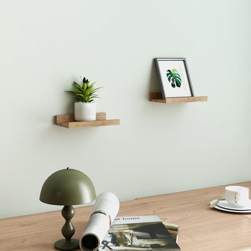 Image of Small Oak Floating Shelves for Wall, Shelf with Lip Set of 2, 8 in | Mini Display Ledge Shelf for Wall Decor, Wall Mounted Wood Shelves for Bedroom, Bathroom, Living Room, Kitchen, Nursery Room