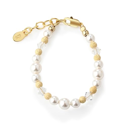 Cherished Moments 14K Gold Plated Bracelet for Babies, Toddlers, Kids, and Little Girls with High-End Simulated Pearls, Crystals and Gold Sparkle Beads