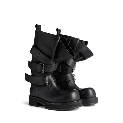 Black Women's Knee High Boots Pull On Wide Calf Riding Fashion Buckles Chunky Low Hee Buckle Moto Biker Boots