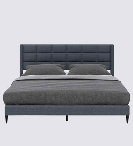 Image of Mintwud Pepperfry Woodlyn Upholstered Queen Size Bed Without Storage | Wooden Double Bed with Tufted Headboard for Bedroom Living Room Home and Hotel (Dark Grey)